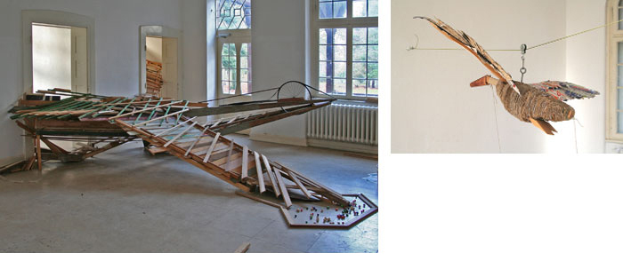 Vincent van Delft >    'uitbraak', Installation, 2009/    'board bird', Balanceobjekt, 2009/